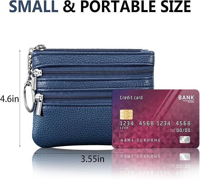 Chelmon 2 Pack Coin Purse Pouch Change Card Holder Wallet with Keychain for Women and Men (Black & Blue)