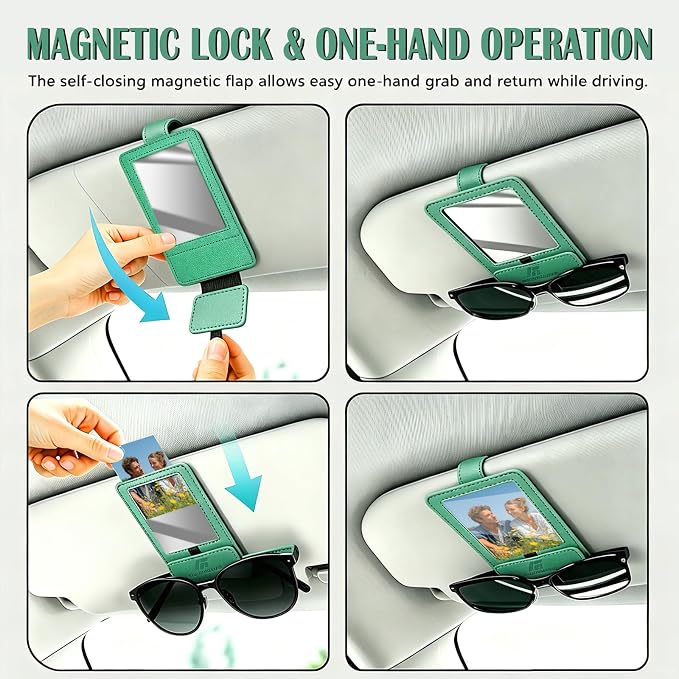 Magnetic 2-in-1 Sunglass & Photo Holder for Car Visor, Leather Anti-Slip No-Fall No-Slide, Fits SUV Truck RV