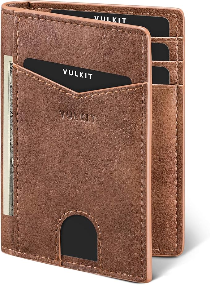 VULKIT Bifold Front Pocket Slim Wallet RFID Blocking Minimalist Thin Leather Credit Card Holder Wallet for Men and Women Brown