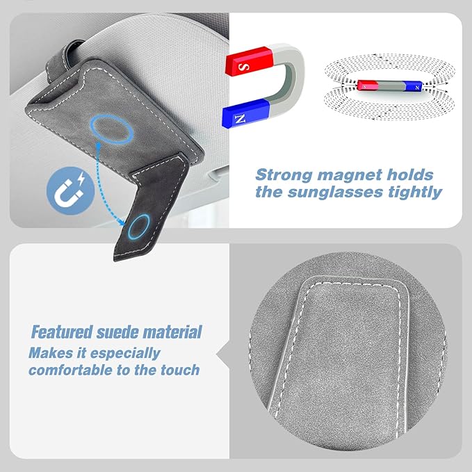 Car Sunglasses Holder - Visor Clip Style & Magnetic Plush Leather Construction Doubles as Credit Card & Fuel Card Box with Storage Pocket &Holds Sunglasses
