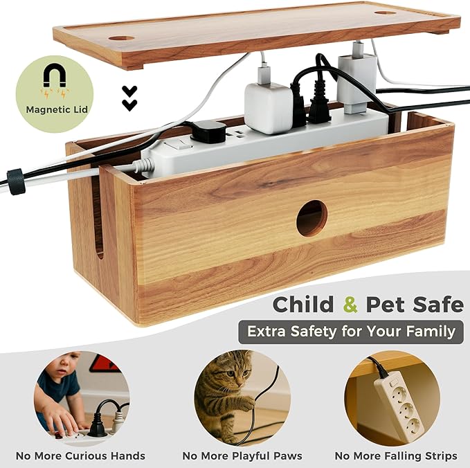 Acacia Wood Cable Management Box for Power Strip, Large Wooden Cord Hider & Cable Organizer for Desk, Floor & TV, Wire Concealer Box for Home Office Cable Storage and Management