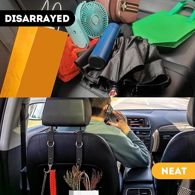 IronSeals 4 Pack Headrest Hooks for Car Seat, Heavy Duty Metal Utility Seat Hooks for Car Seat Organizer, Car Clips for Hanging Bag, Purse