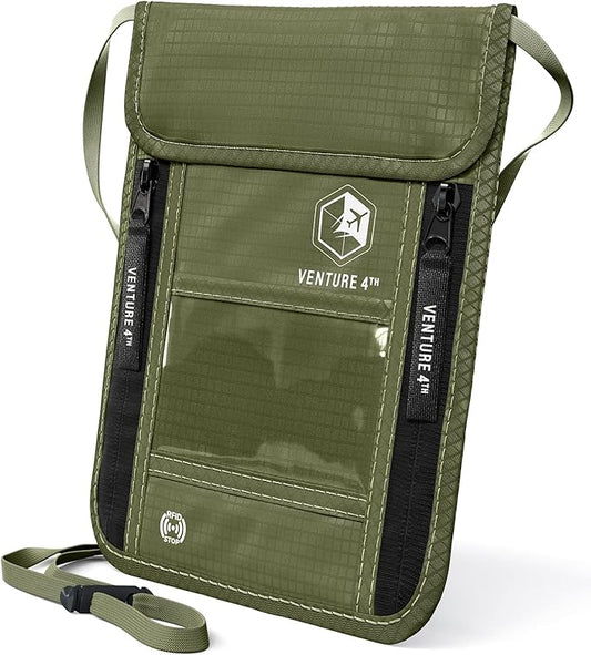 VENTURE 4TH Neck Wallet for Women & Men – RFID Blocking Passport Holder for Travel, Hidden Neck Pouch with 6 Compartments, Slim Lightweight Travel Organizer with Adjustable Strap (Green)