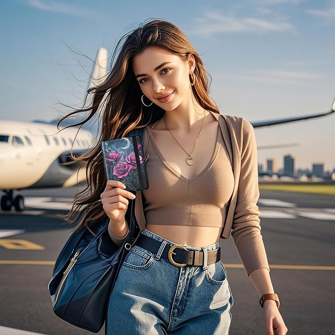 [3 Pink Roses Ultra-Slim Passport Holder Wallet with Pen Loop, RFID Blocking Faux Leather Travel Passport Cover, Compact Boarding Pass & Card Case Organizer for Women & Men