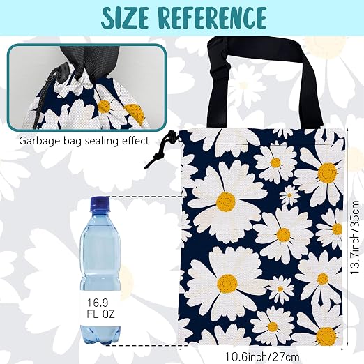 Car Trash Bag Chamomile Flower Hanging Drawstring Car Organizer and Storage Bag with Adjustable Buckle Canvas Garbage Bin for Back Seat or Hanging Headrest Car Decor Road Trip Essentials