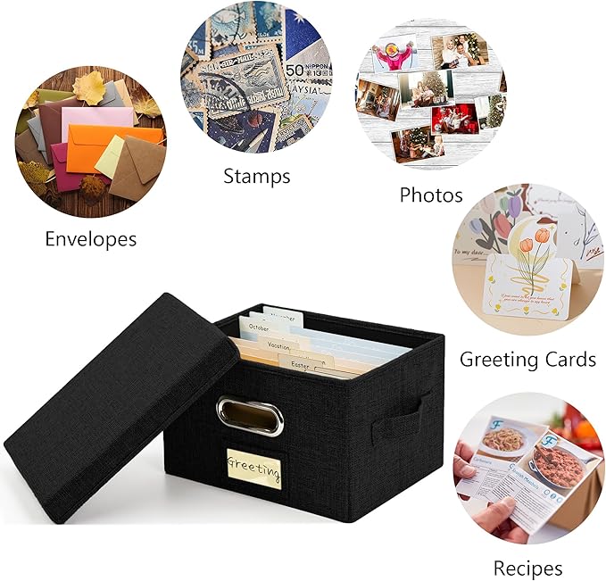 Greeting Card Organizer and Storage Box with 40 Pcs Adjustable Dividers, Storing Cards with 168 Pcs Labels Perfect for Storing Greeting Cards, Envelopes, Photos 2 Pack Black