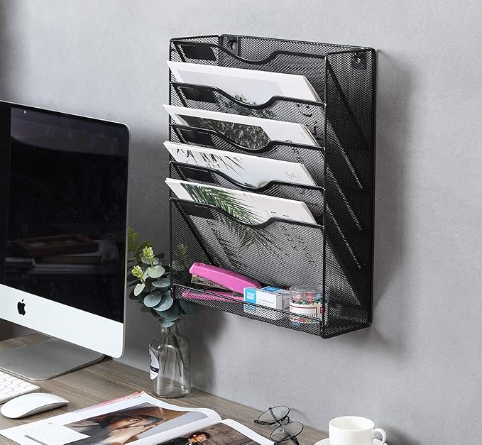 EasyPAG 5 Tier Wall File Holder Mesh Hanging Folder Organizer with Classify Label, Versatile Desk File Holder, Vertical Wall Mounted Mail Organizer for Office Home Cubicle, Black, Closed Sides