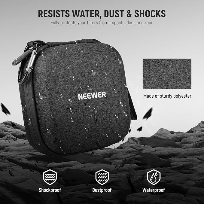 Neewer PB12 11 x 11 cm Filter Storage Bag with Expandable Dividers, Wrist Strap and Carabiner for 4 Circular Filters 86 mm