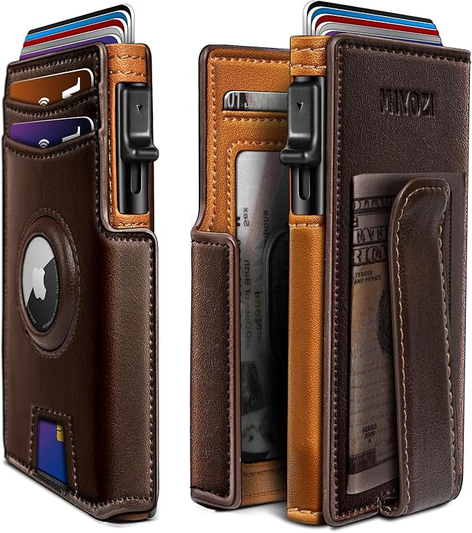 miyozi Airtag Wallet for Men,with Money Clip 10 Cards Metal Case Smart Slim Pop Up Credit Card Holder Flip with Magnetic Closure RFID Blocking wallet with Gift Box
