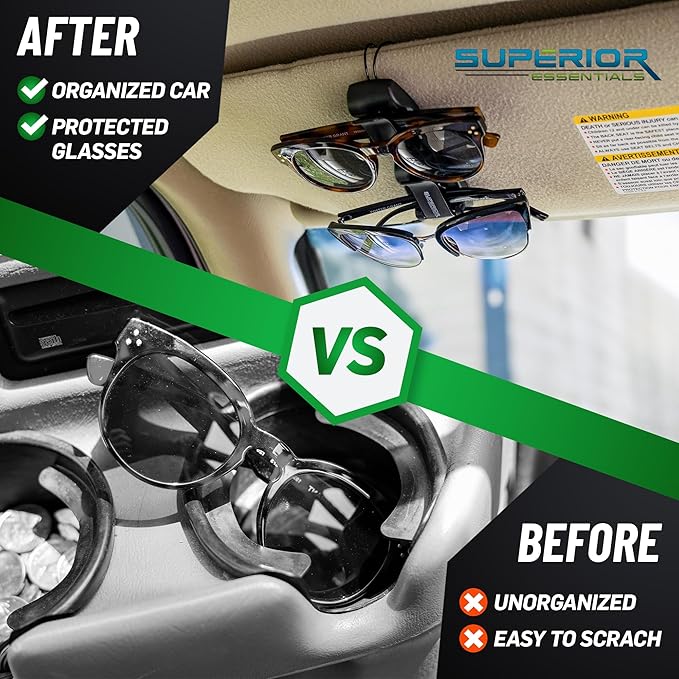 Superior Essentials Sunglass Holder for Car Visor - Eyeglass Car Mount with Double-Ends Sunglasses Holder Organizer, Universal Car Sunglass Holder Clip, Suitable for All Size Eyeglasses (2 Pack Black