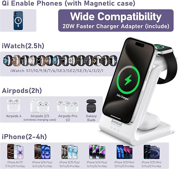 Smtcsl 3 in 1 Wireless Charging Station: 10000mAh Removable Power Bank Charger Stand for Phone/Watch/Air Pods - Portable Magnetic Battery Pack for Air 17 16 15 14 13 12 Series White