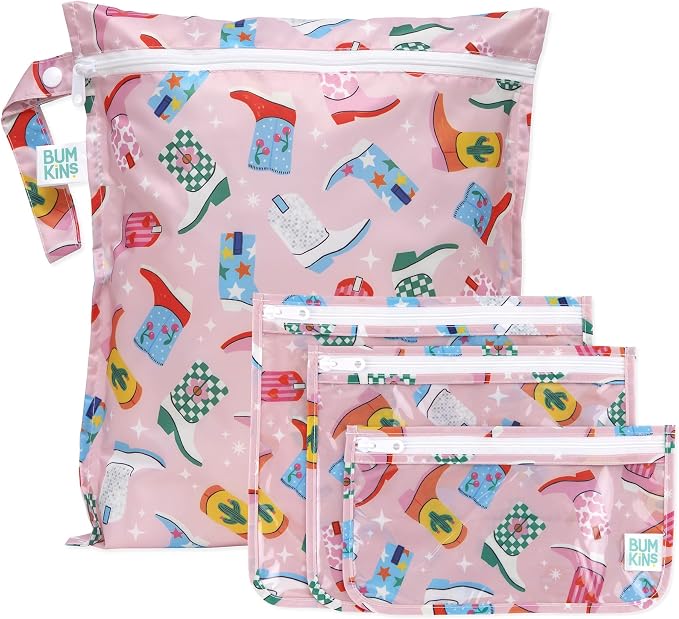 Bumkins - Waterproof Wet Bag & Clear Travel Bags - For Beach, Baby, Travel, Swim Suit, Cloth Diapers, Pump Parts, Pool, Gym, Toiletries - Reusable & Easy to Clean - Cowgirl Boots - 4 Pack