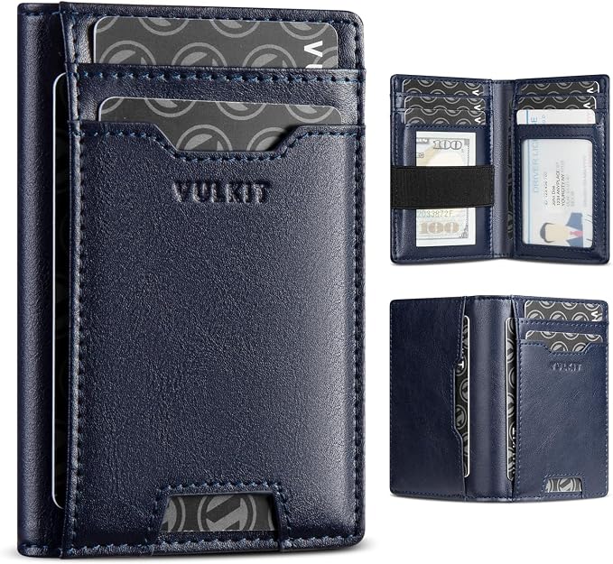 VULKIT Credit Card Holder RFID Blocking Slim Leather Front Pocket Mens Wallet Bank Card Holder Quick Access with 10 Slot and Money Band for Bills or Receipt, Palm-Size Wallet, Navy, 10.9 cm x 7.3 cm x