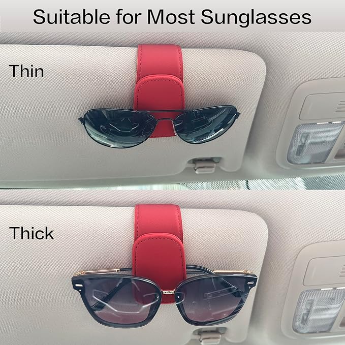 2 Packs Sunglass Holder for Car Sun Visor, Magnetic Eyeglass Hanger Clip for Car Visor, Leather Car Glasses Mount, Car Interior Visor Accessories (Red-2Pcs)