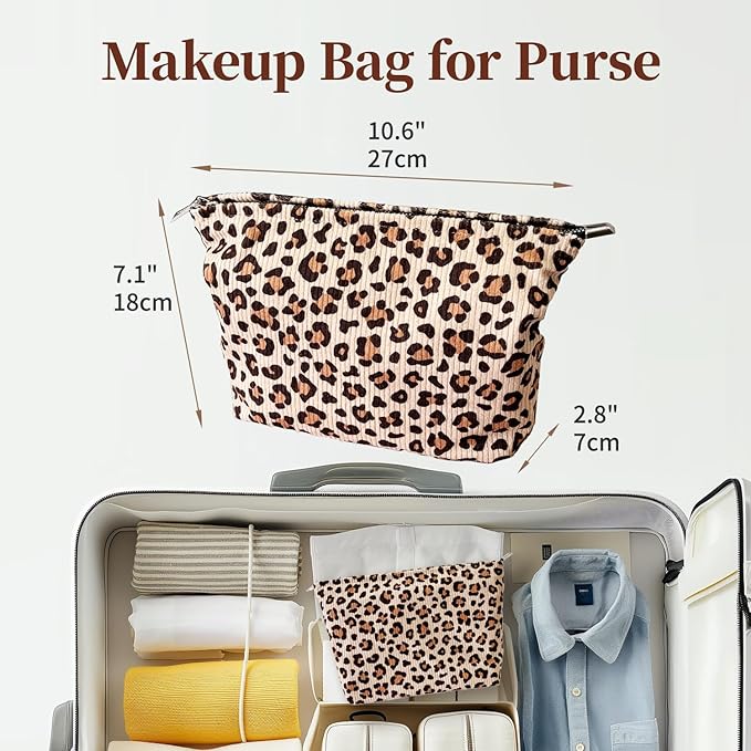 Leopard Print Corduroy Makeup Bag for Women – Soft Cosmetic Travel Pouch with Zipper Closure, Large Toiletry Organizer with Lining, Stylish Animal Print Makeup Case for Purse or Travel