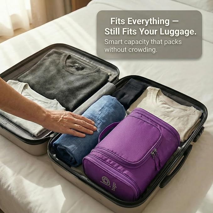 Bago Travel Toiletry Bag for Women and Men - Large Waterproof Hanging Toiletry Bag for Bathroom and Travel Bag for Toiletries Organizer (Purple)