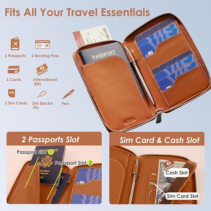 Nova RFID Blocking Passport Holder w/Hidden AirTag Trackable Card, Women Passport Wallet For Travel, Large Organzier For 2 Passports,Cash w/zipper & Wrist Lanyard