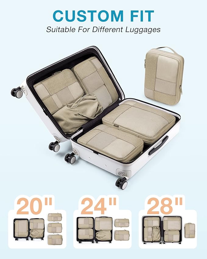 BAGSMART Compression Packing Cubes, Durable Travel Packing Cubes for Carry-On Suitcase, Lightweight Compressible Luggage Organizer Cruise Ship Travel Essentials, 6-Pack 1L+3M+1S+Shoe Bag, Khaki