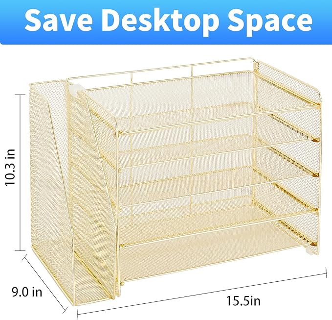 OPNICE Desk Organizer, 5-Tier Paper Organizer Letter Tray with Magazine Holder, Office Desk Accessories & Workspace Organizers, Desktop File Organizer for Office Supplies Storage, Gold