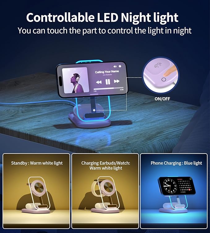 3 in 1 Magnetic Wireless Charging Station for Apple Devices, Fast Foldable Travel Mag-Safe Charger Stand with Night Light for iPhone 17 16 15 14 13 12 Series, Apple Watch/AirPods Pro, PU