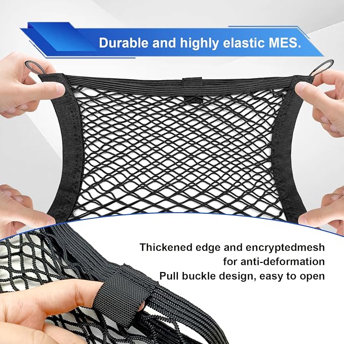 2PCS Double Layer Elastic Cargo Net, 14×10 Inch Small Pocket Stretchable Storage Mesh Net, Automotive Organize Pouch Mesh Net with 8 Mounting Screws and Hooks for Trunk RV SUV Car Boats