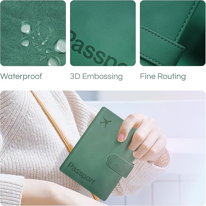 Passport Holder Cover Wallet, RFID Blocking Travel Document Organiser, Must Haves Travel Accessory, Leather Wallet Card Case – Essentials for Men & Women (Green)