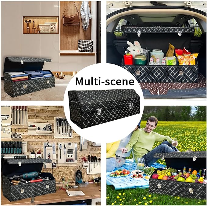 Car Trunk Organizer with Lid,Foldable Faux Leather Cargo Storage Box,3 Compartments,Collapsible Multi-Functional for SUV,Sedan,Vehicle Trunk