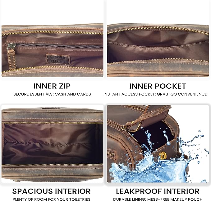 LEATHER VILLAGE Genuine Leather Toiletry Travel Bag With Waterproof Lining - Brown | King-Size Handcrafted Vintage Dopp Kit Bag, Shaving & Bathroom Organizer, Gift for Men & Women