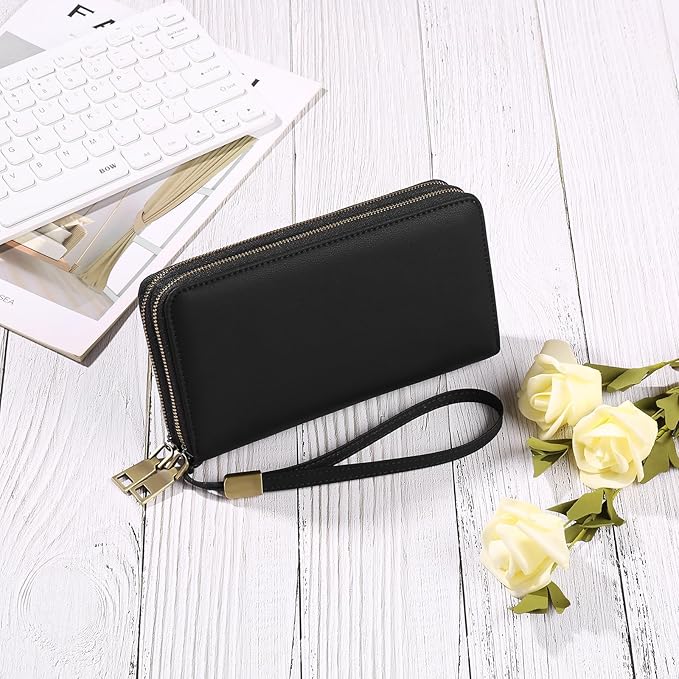 GAEKEAO Wallet for Women Clutch RFID Blocking Wristlet Leather Purse Large Capacity Credit Card Holder with Grip Hand Strap