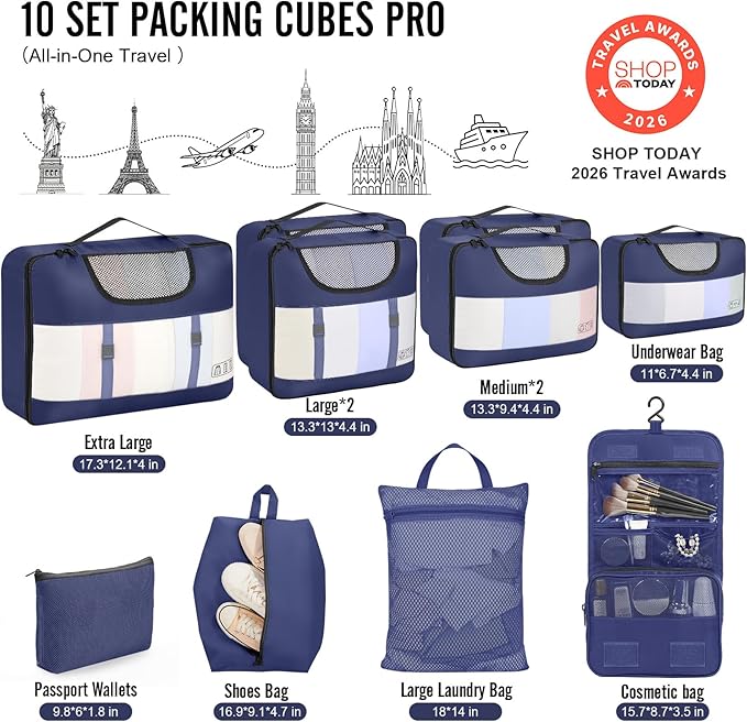 Veken 10 Set Packing Cubes for Travel Essential, Suitcase Organizer Bags in 4 Sizes, Carry-On Luggage Accessories with Large Laundry & Hanging Toiletry Bag, Must-Have for Airplane, Road Trip & Camping