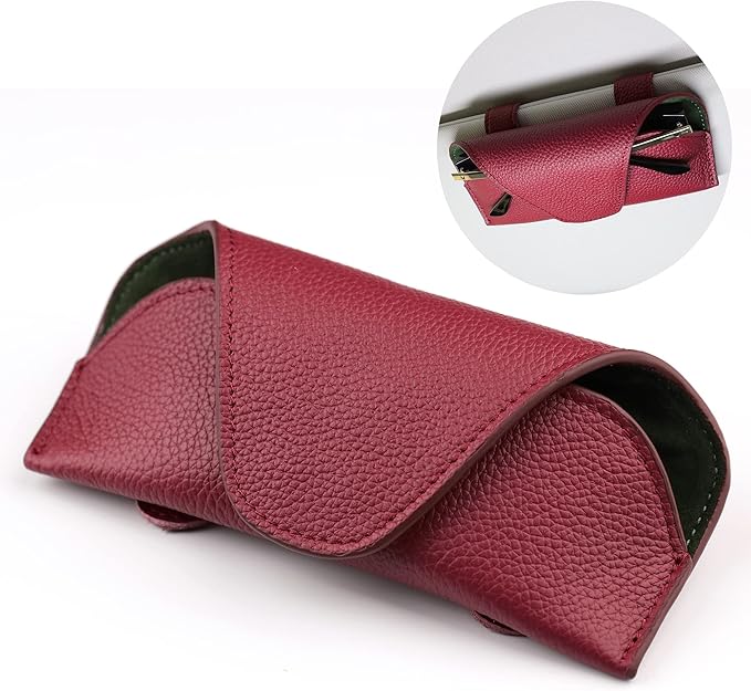 Magnetic Sunglass Holder for Car Visor Clip, Leather Car Glasses Holder, Visor Accessories Eyeglasses Holder Glasses Storage Case (02-Red)