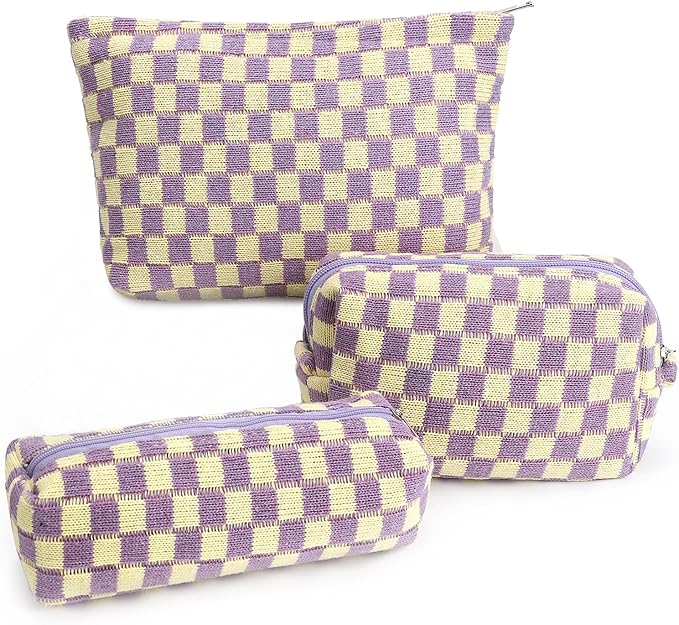 3 Pcs Makeup Bag Checkered Cosmetic Bag Large Capacity Traveling Toiletry Pounch Organizer Cute Makeup Brushes Aesthetic Accessories Storage Bag for Girls Women (Purple-White)
