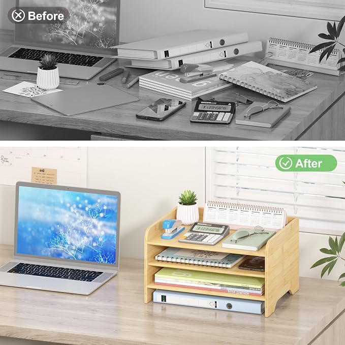 Desk File Organizer 4-Tier Desktop Paper Mail Organizer Document Holder for Home Office Supplies, Office Desk Accessories & Workspace (Nature)