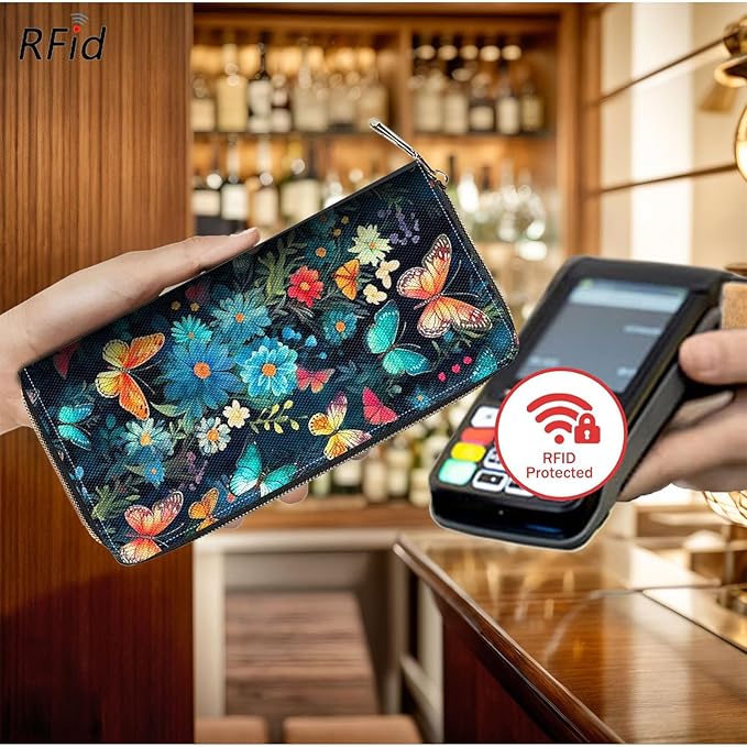 Bxgolkgd Womens Wallet, RFID Blocking Leather Wallet,Large Capacity Wallet Credit Card Holder PU Leather Ladies Clutch with Zipper Coin Pocket - Flower Butterfly