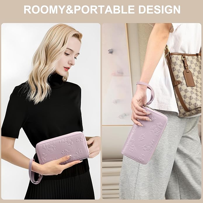yiijay Womens Wallet RFID Blocking Large Capacity Vegan Leather Double Zip Wristlet Wallet Card Holder Travel Ladies Clutch