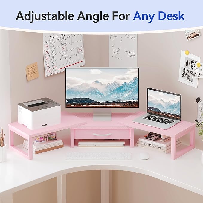 Desk Organizers and Accessories, Dual Monitor Stand Riser with Drawer, Computer Monitor Stand, Adjustable Desk Shelf for PC Laptop Printer TV, Pink