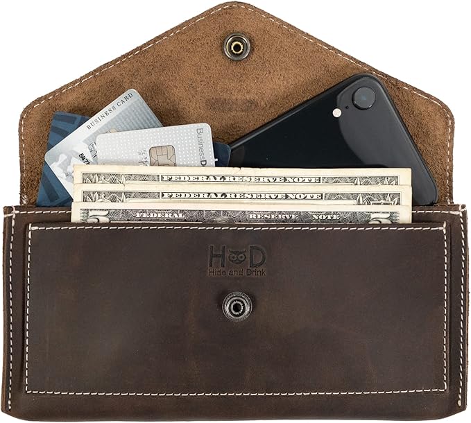 Hide & Drink, Full Grain Leather Large Female Wallet, Travel Organizer for Women, Vintage Money and Card Holder, Handmade, Bourbon Brown/White Stitching