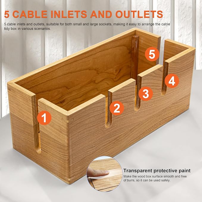 Elitzia Wood Cable Tidy Box Large Desk Cable Management Box Cord Wire Organiser for Hiding Messy Cables Wire Management Natural Cherry Wood Cables Storage Tidy Boxs for Home Salon SPA Office ETCHER01