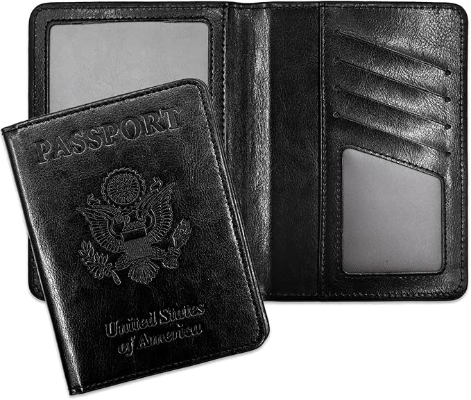 Passport Holder for Travel Essentials RFID Blocking Wallet Card Case PU Leather Passport Cover Women and Men (Black)