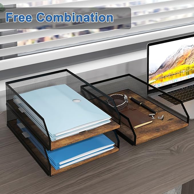 Natwind 3-Tier Stackable Metal Mesh Paper Organizer with Sliding Tray,Retro | Wooden Desk Organizer, Letter Tray For Desktop,File Holder For Home Office School Classroom Organization