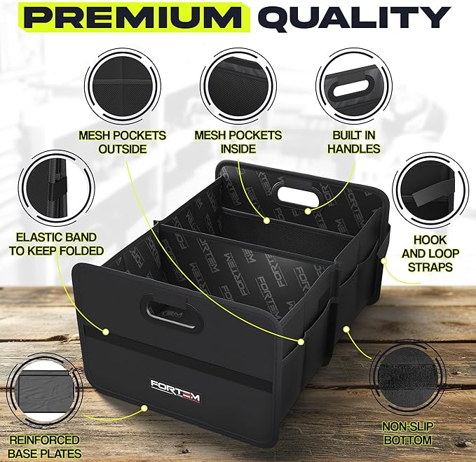 FORTEM Car Trunk Organizer, Collapsible Two Compartment Organizer, Foldable SUV & Truck Storage for Car Accessories for Women Men, Non Slip Bottom, Sturdy Side Walls, Strong Handles, 60L
