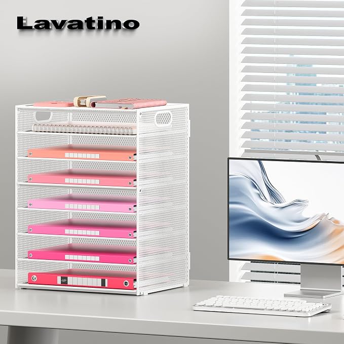 Lavatino 2 Pack 8-Tier Office Desk File Organizer, Letter Tray Paper Organizer with Handle, Including 5 Adjustable Slide Trays for Organizing Desk Workspace Accessories and Supplies (White Metal Mesh)