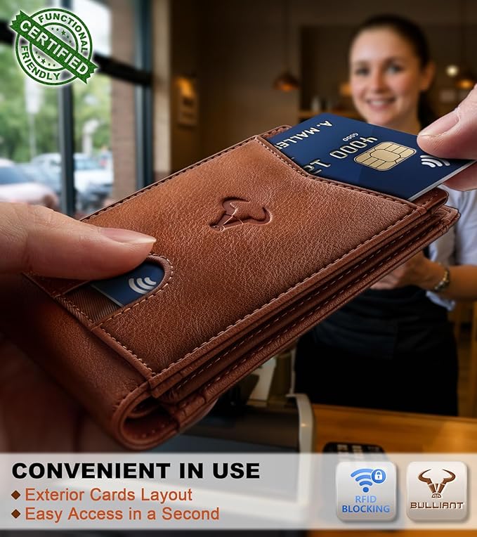 BULLIANT Men Wallet, Slim Leather Wallet Front Pocket Card Holder Gift For Men 11 Slots RFID Blocking