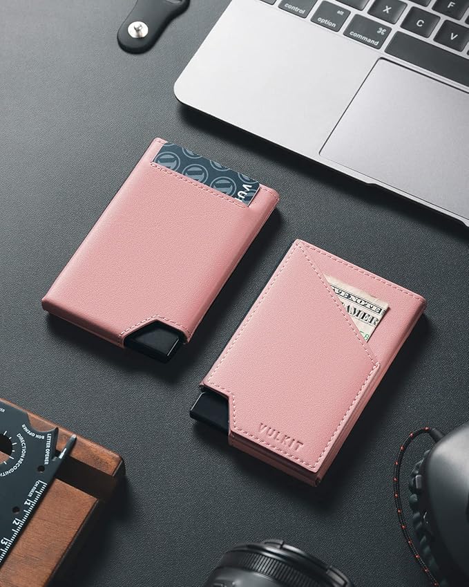 VULKIT Pop up Card Wallet RFID Blocking Slim Aluminum Metal Bank Card Holder Case with Business Money Pocket for Credit Cards Notes and Coins (Pink)