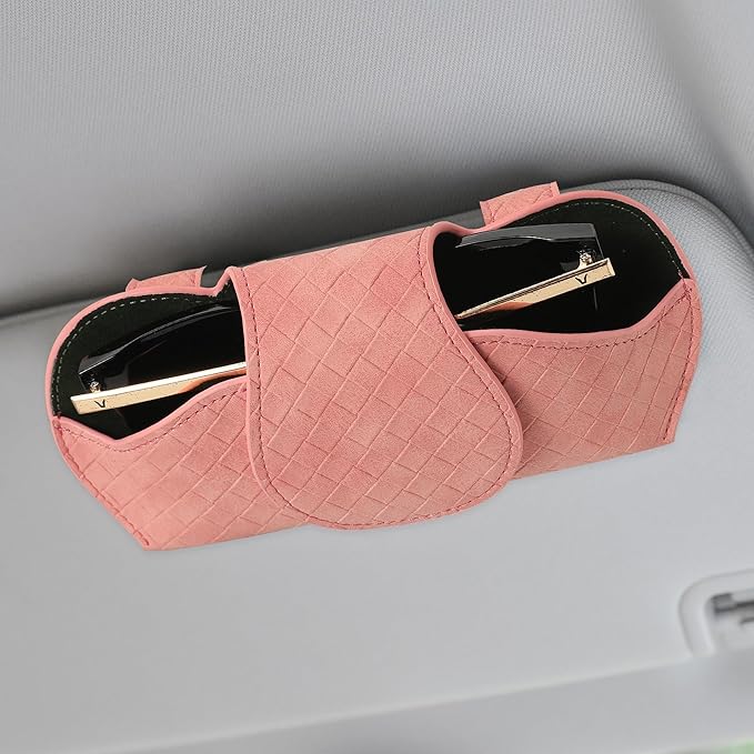 KINIVA Pink Car Visor Sunglass Holder Leather Glasses Case with Magnetic Closure for Car Interior Accessories