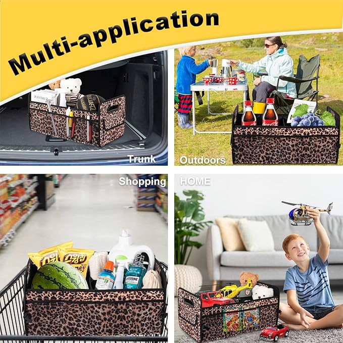 JiatuA Car Trunk Organizer, Car Organizers and Storage Collapsible Multi Compartment Container Box, Adjustable Car Accessories for SUV Sedan Truck, Standard Size, Leopard print