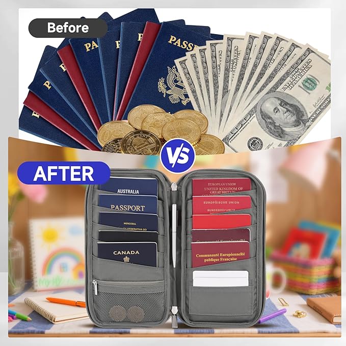 WALNEW Passport Holder Travel Family for 10, RFID-Blocking Wallet and Document Organizer Passports with Zipper, for Cards, Boarding Passes, Money, Tickets, Travel Essentials, Gray