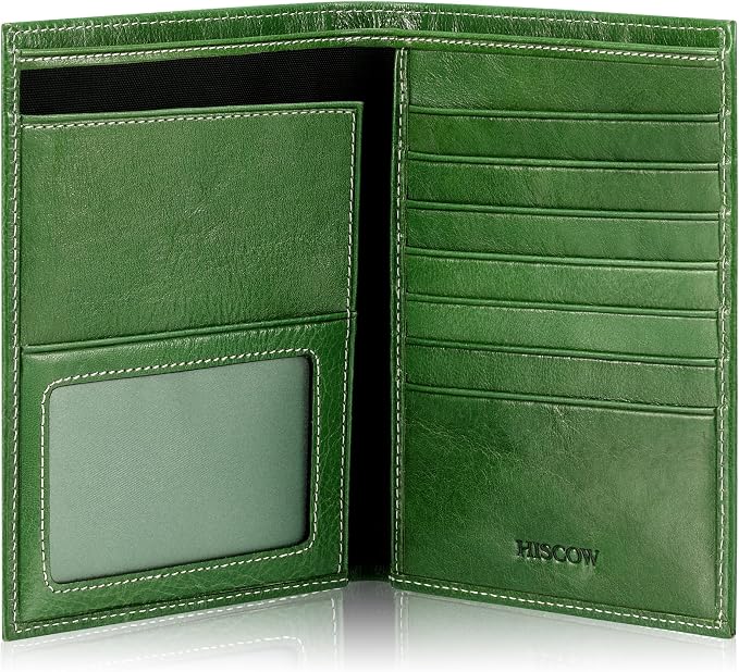 HISCOW Leather Passport Holder for Travel, Bifold Wallet, Veg-Tanned Green | Full grain cowhide, RFID blocking, 7 card slots, cash compartment, frosted ID window, travel essentials, premium gift box