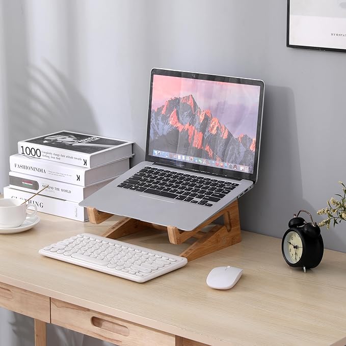 Wooden Vertical Laptop Stand for Desk, Bamboo Laptop Holder Compatible with MacBook Air Pro/Dell XPS/Surface Pro/HP/Pixelbook/Lenovo, More 13-15.6 Inch Laptops