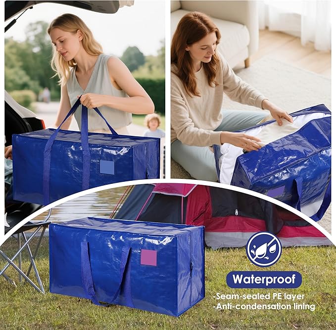 6 Pack Moving Bags with Full-Open Side Zipper, Extra Large 93L Heavy Duty Waterproof Foldable Storage Totes for College Dorm, Moving & Home Organization,Blue